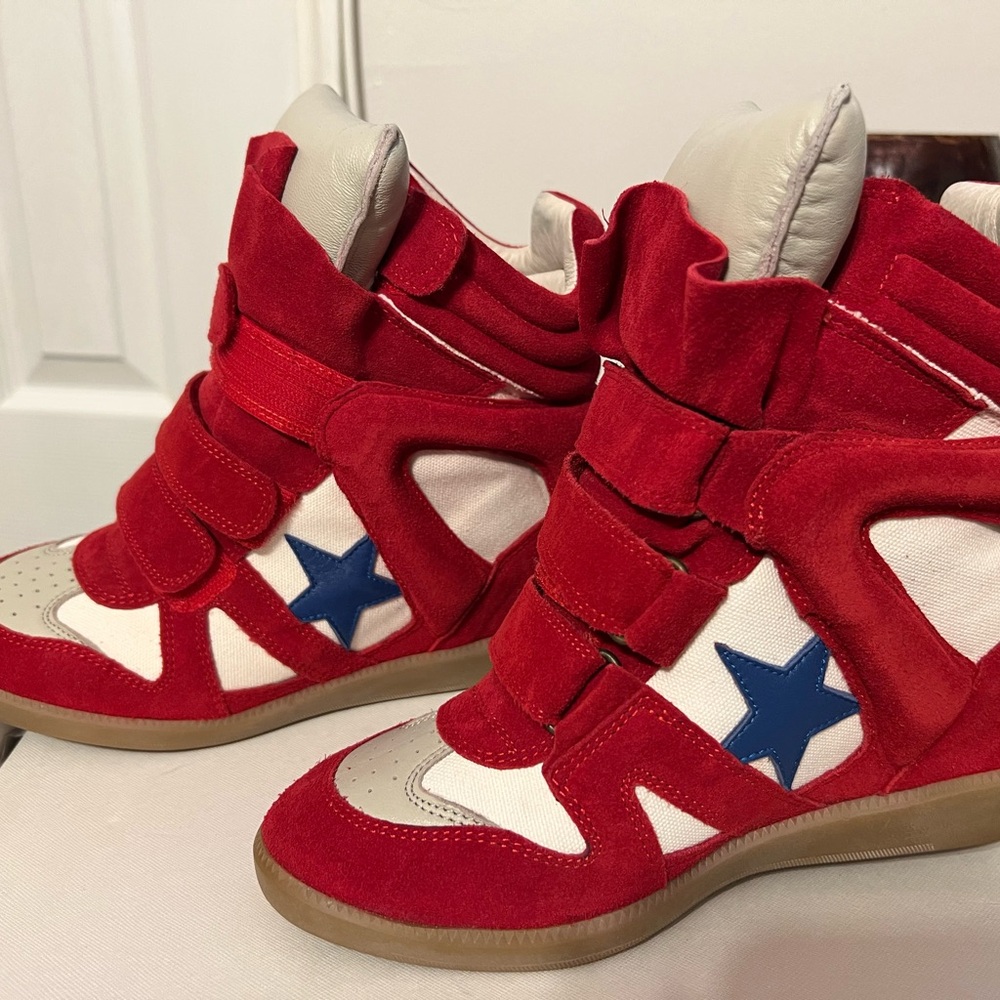 Isabel Marant Red and White Kids Sneakers with Blue Star